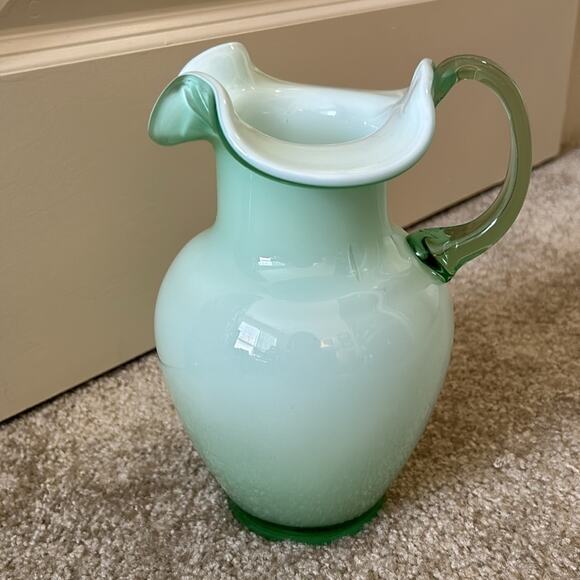 Mouth Blown Cased Green and White Glass Pitcher 9” Light green glass with white - Picture 3 of 6